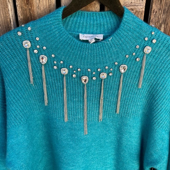 Calligraphie Sweater XL New Teal Bling Chains Western Soft Mock Neck Comfy - Picture 2 of 5